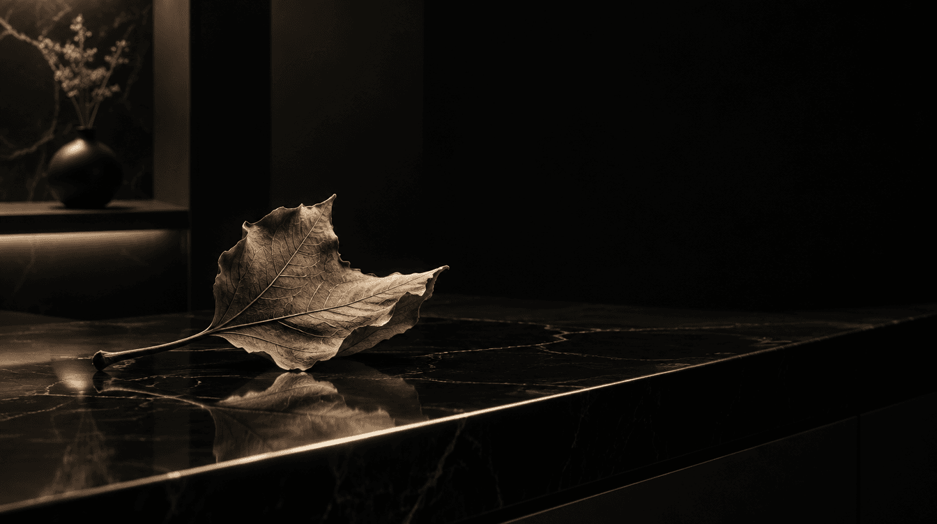 Feuille d'automne séchée posée sur un plan de marbre noir, éclairage clair-obscur, ambiance sobre de cabinet de médecine esthétique