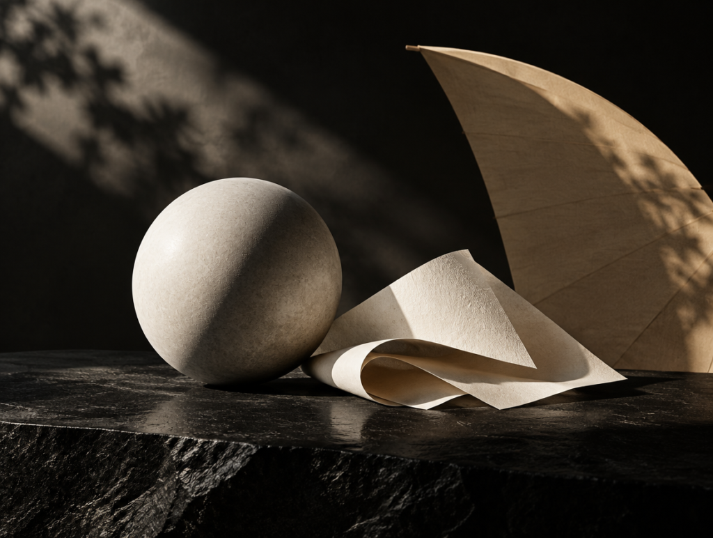 Nature morte sculpturale : sphère de pierre claire, papier plié et arc couleur sable évoquant la protection solaire, sur pierre noire