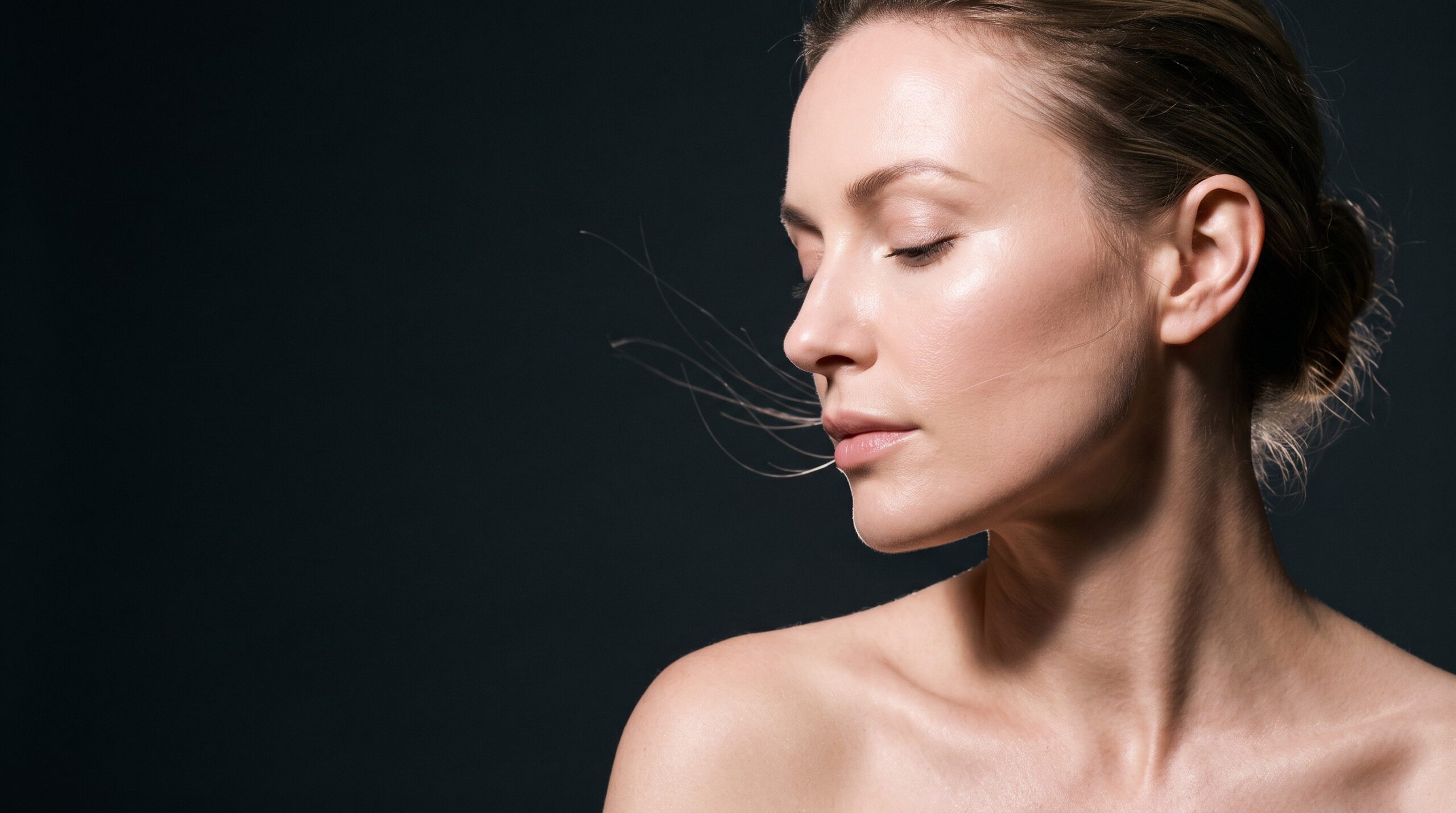 Portrait de profil d'une femme à la peau lumineuse et lisse, tons rose poudré et champagne sur fond sombre
